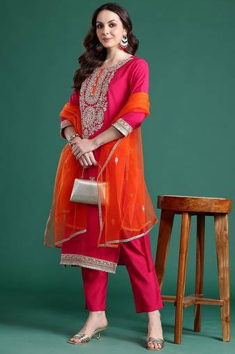 Ethnic Motifs Embroidered Kurta with Trousers & Dupatta