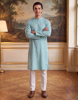 Mens blue linen bandhani printed regular kurta with trouser 5