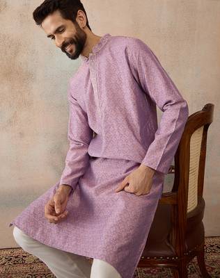Mens lavender jacquard solid embroidered kurta with trouser 1