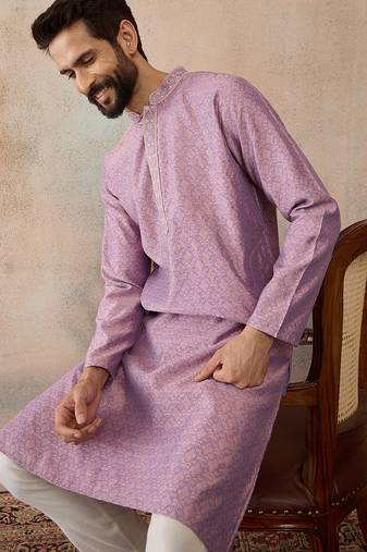 Mens lavender jacquard solid embroidered kurta with trouser