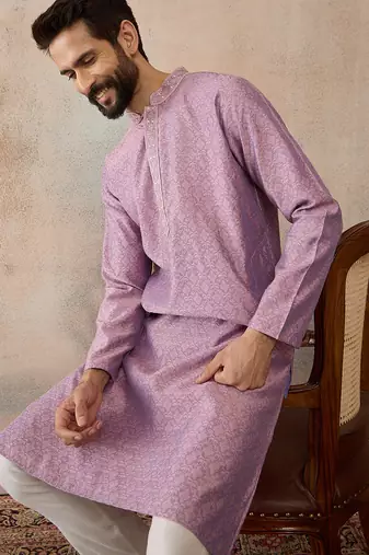 Mens lavender jacquard solid embroidered kurta with trouser