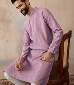 Mens lavender jacquard solid embroidered kurta with trouser