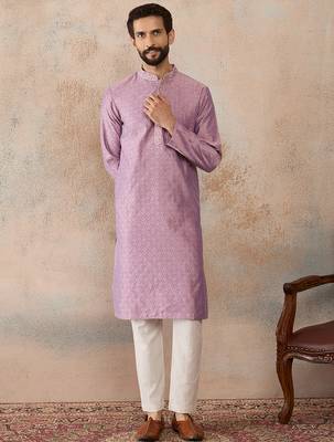 Mens lavender jacquard solid embroidered kurta with trouser 2