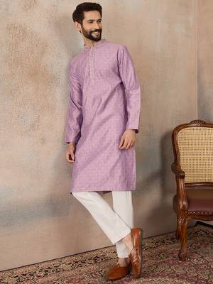 Mens lavender jacquard solid embroidered kurta with trouser 3