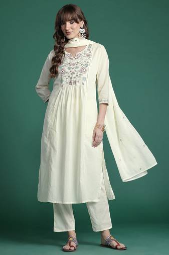 Indo EraFloral Embroidered Pure Cotton Kurta with Trousers & Dupatta