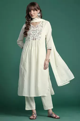 Indo EraFloral Embroidered Pure Cotton Kurta with Trousers & Dupatta