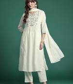 Indo EraFloral Embroidered Pure Cotton Kurta with Trousers & Dupatta