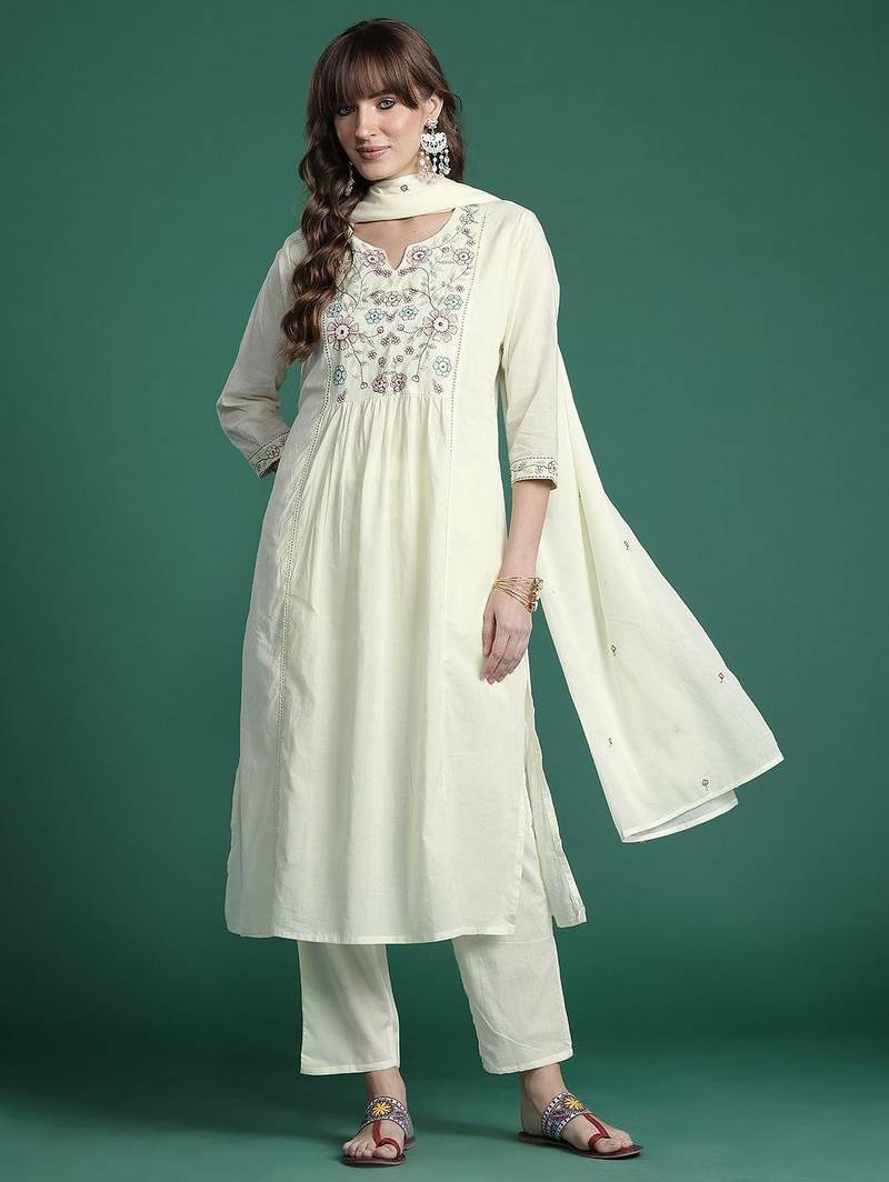 Indo EraFloral Embroidered Pure Cotton Kurta with Trousers & Dupatta