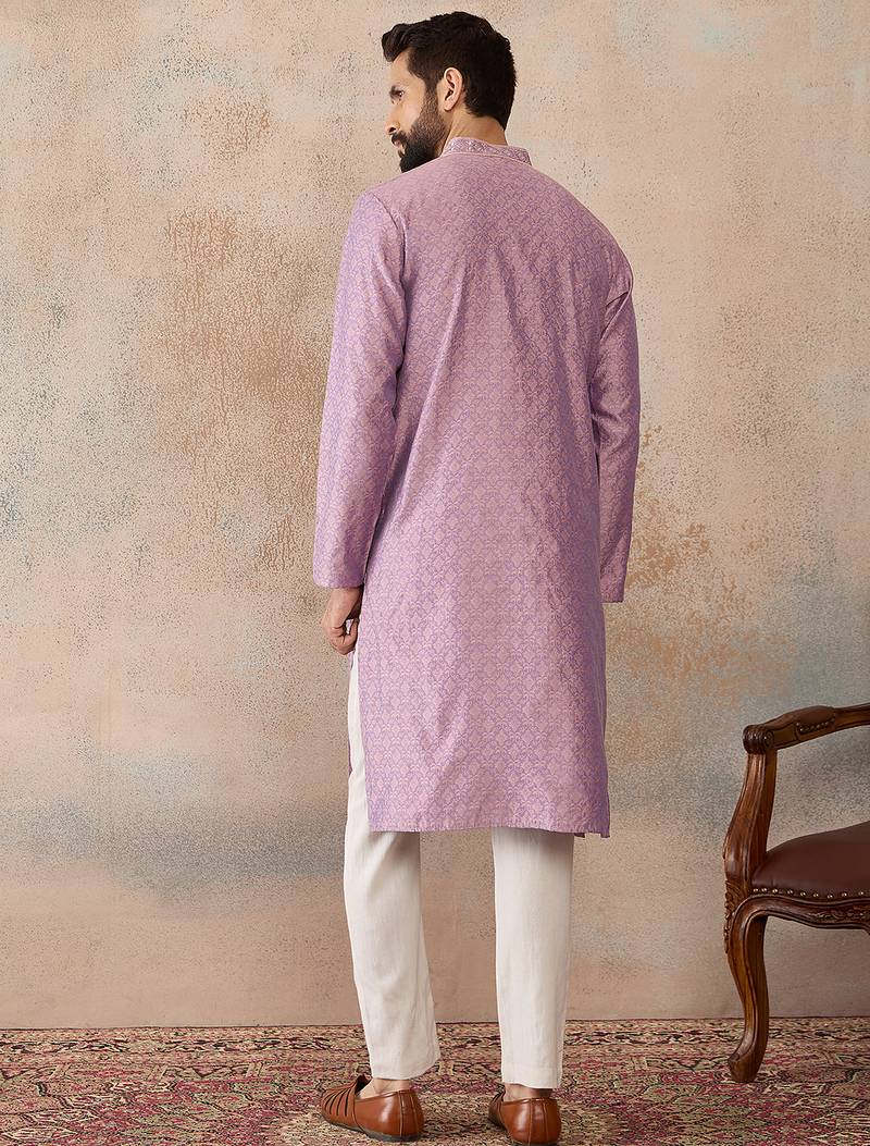 Mens lavender jacquard solid embroidered kurta with trouser