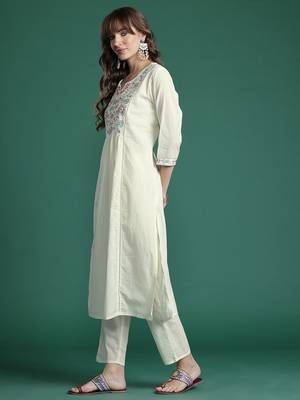 Indo EraFloral Embroidered Pure Cotton Kurta with Trousers & Dupatta 4