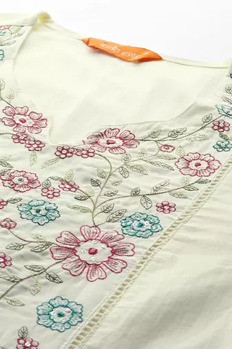 Indo EraFloral Embroidered Pure Cotton Kurta with Trousers & Dupatta