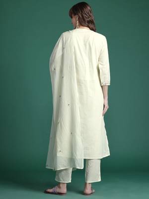 Indo EraFloral Embroidered Pure Cotton Kurta with Trousers & Dupatta 6