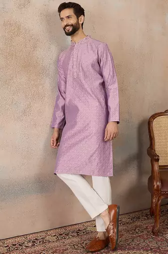 Mens lavender jacquard solid embroidered kurta with trouser