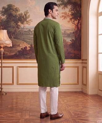 Mens green silk blend solid embroidered kurta with trouser 4