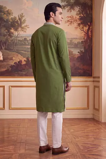 Mens green silk blend solid embroidered kurta with trouser