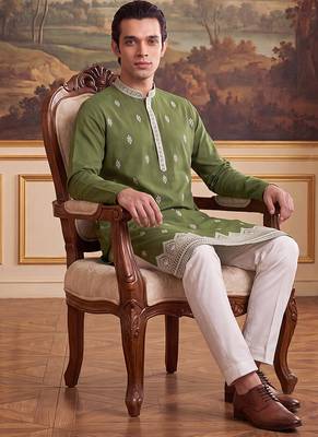 Mens green silk blend solid embroidered kurta with trouser 5