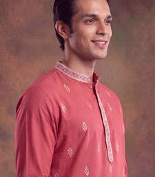 Mens peach silk blend solid embroidered kurta with trouser