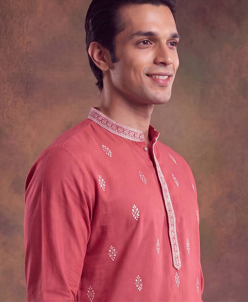 Mens peach silk blend solid embroidered kurta with trouser