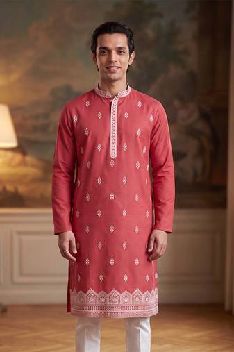Mens peach silk blend solid embroidered kurta with trouser