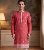 Mens peach silk blend solid embroidered kurta with trouser