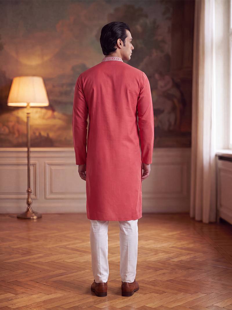Mens peach silk blend solid embroidered kurta with trouser