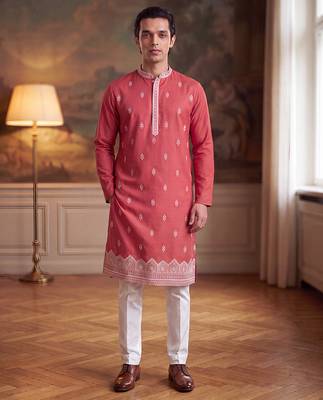 Mens peach silk blend solid embroidered kurta with trouser 5
