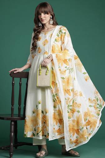 Floral Printed Empire Pure Cotton Kurta with Trousers & Dupatta