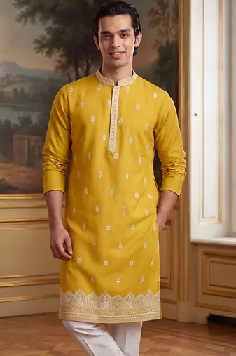 Mens yellow silk blend solid embroidered kurta with trouser