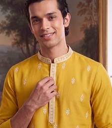 Mens yellow silk blend solid embroidered kurta with trouser