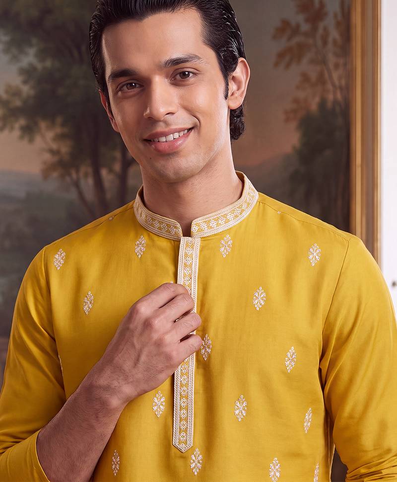 Mens yellow silk blend solid embroidered kurta with trouser
