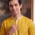 Mens yellow silk blend solid embroidered kurta with trouser