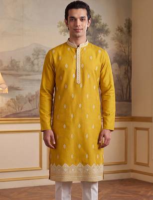 Mens yellow silk blend solid embroidered kurta with trouser 1