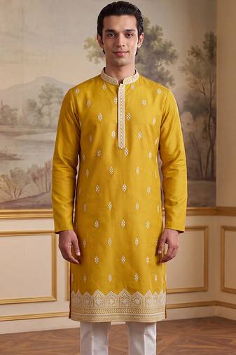 Mens yellow silk blend solid embroidered kurta with trouser