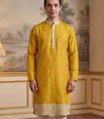Mens yellow silk blend solid embroidered kurta with trouser