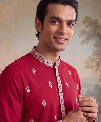 Mens pink silk blend solid embroidered kurta with trouser 2