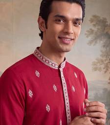 Mens pink silk blend solid embroidered kurta with trouser