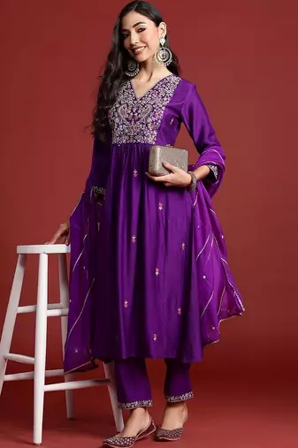Women Ethnic Motifs Embroidered Empire Thread Work Liva Kurta with Trousers & With Dupatta