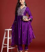 Women Ethnic Motifs Embroidered Empire Thread Work Liva Kurta with Trousers & With Dupatta