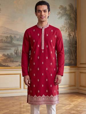 Mens pink silk blend solid embroidered kurta with trouser 3