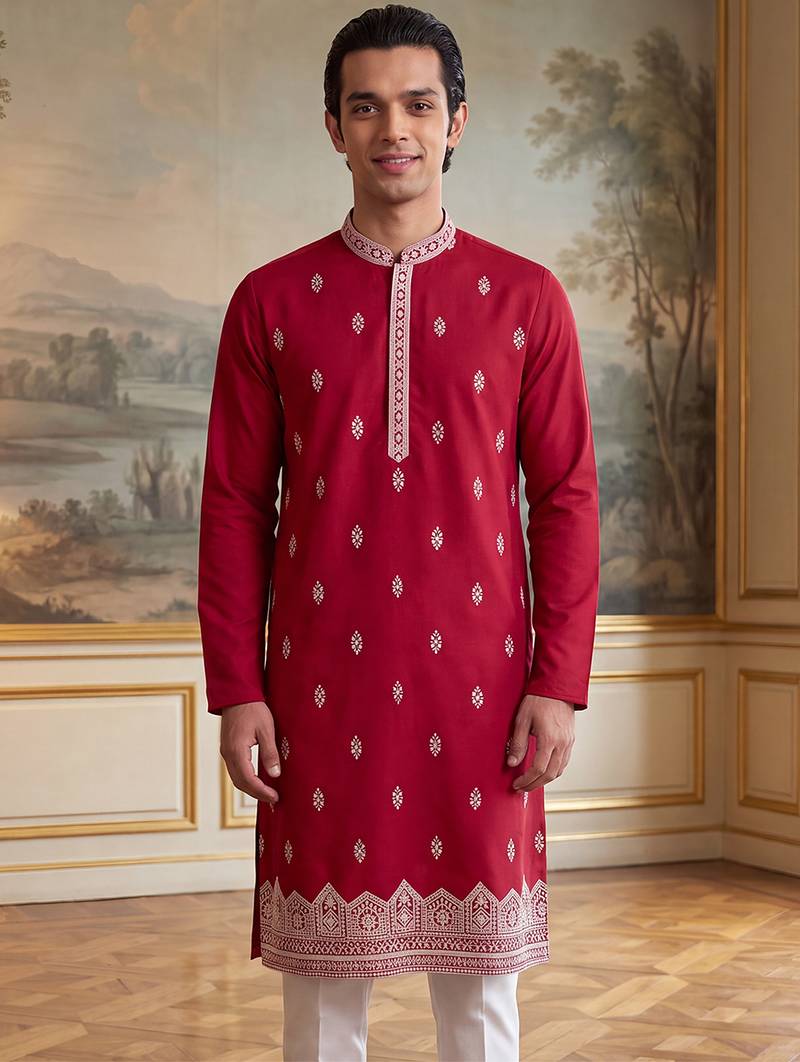 Mens pink silk blend solid embroidered kurta with trouser