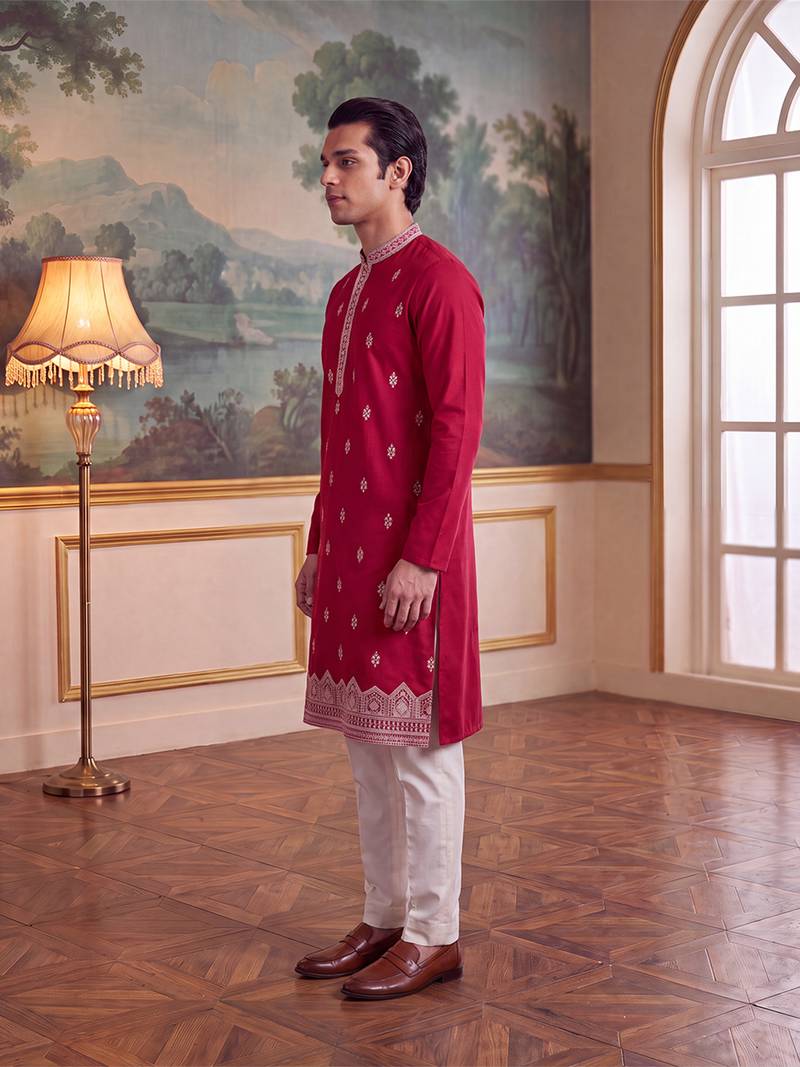 Mens pink silk blend solid embroidered kurta with trouser