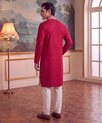 Mens pink silk blend solid embroidered kurta with trouser 5