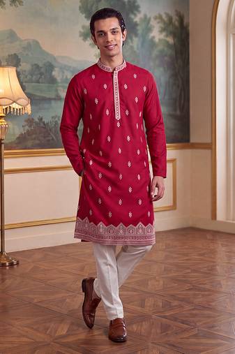 Mens pink silk blend solid embroidered kurta with trouser