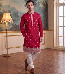 Mens pink silk blend solid embroidered kurta with trouser