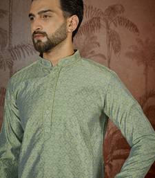 Mens green jacquard solid embroidered kurta with trouser