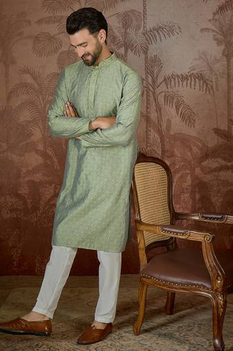 Mens green jacquard solid embroidered kurta with trouser