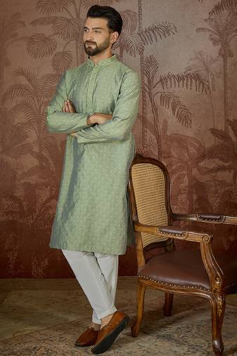 Mens green jacquard solid embroidered kurta with trouser