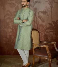 Mens green jacquard solid embroidered kurta with trouser