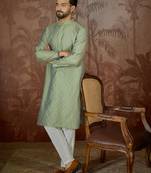Mens green jacquard solid embroidered kurta with trouser