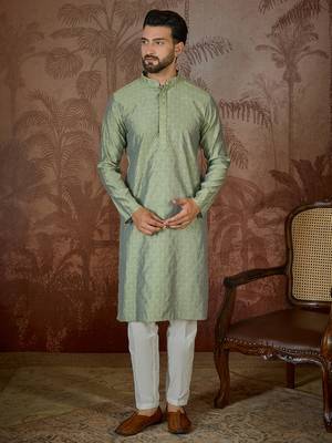 Mens green jacquard solid embroidered kurta with trouser 4